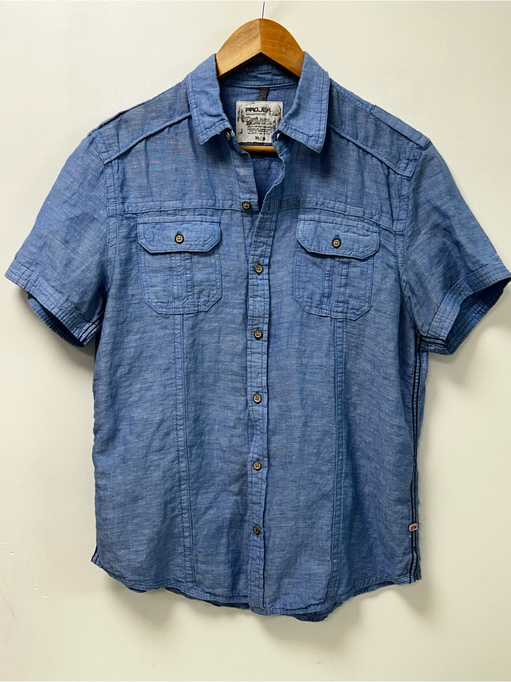 Men’s Projek Raw Linen Blend Short Sleeve Button-Up‎ Shirt Blue Size M